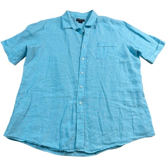 Claiborne Mens XL Turquoise Blue 100% Linen Short Sleeve Button Down Casual - Picture 1 of 6